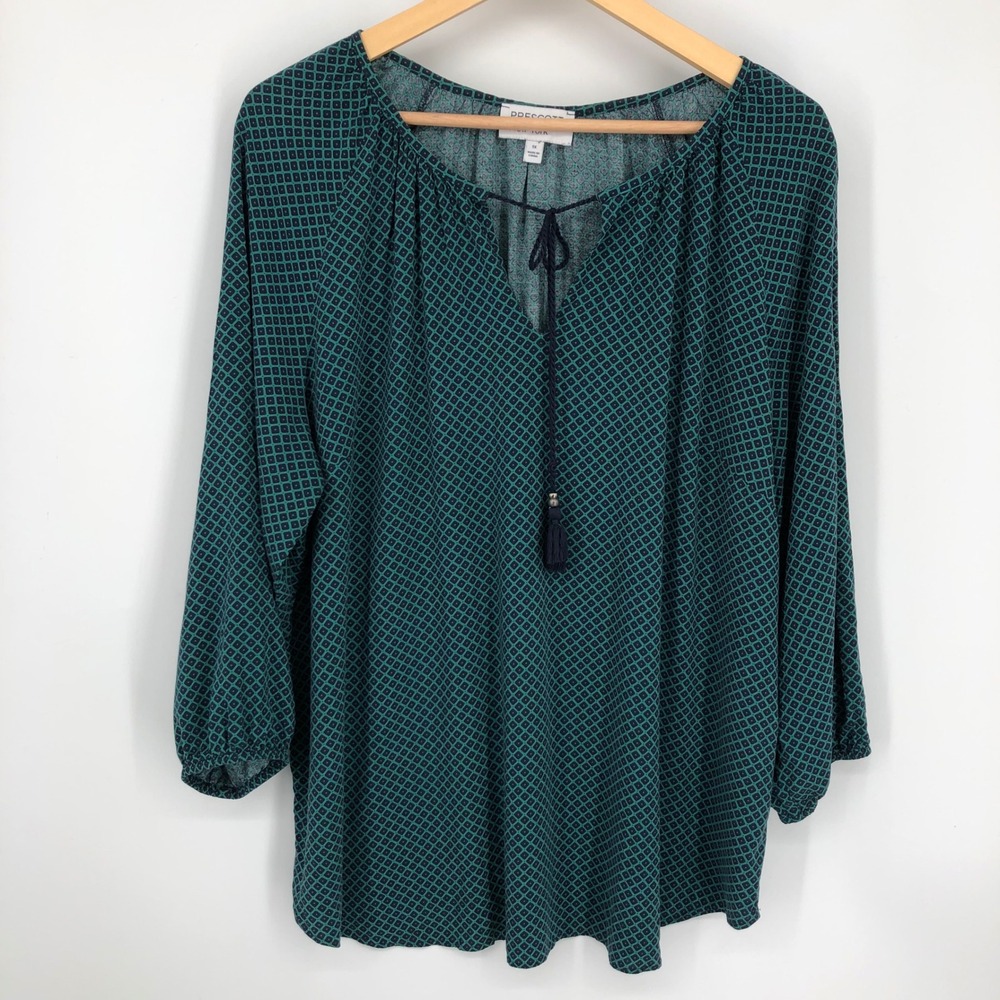 Prescott New York‎ Womens Blouse Size 1X Blue Geometric Tassels Popover Office